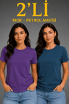 Basic Bisiklet Yaka Yazlık Slim Fit T-shirt - Mor - Petrol Mavisi