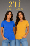 Basic Bisiklet Yaka Yazlık Slim Fit T-shirt - Mavi - Hardal Sarısı