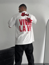 Baskılı Oversize Bisiklet Yaka T-shirt - Beyaz