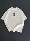 Baskılı Oversize Bisiklet Yaka T-shirt - Beyaz