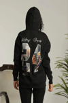 Baskılı Oversize Üç İplik Kapüşonlu Sweatshirt - Siyah