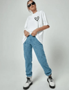 Bisiklet Yaka Baskılı Oversize T-shirt - Beyaz