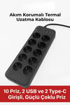 Çarşı PointAkım Korumalı Termal Uzatma Kablosu – 10 Priz, 2 USB ve 2 Type-C Girişli, Güçlü Çoklu Priz