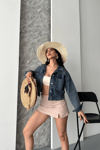 Çift Cepli Kol Katlamalı Kar Yıkama Crop Kot Ceket Kahve Tint D2000