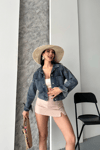 Çift Cepli Kol Katlamalı Kar Yıkama Crop Kot Ceket Kahve Tint D2000