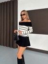 Çizgili Madonna Yaka Kaşkorse Bluz Beyaz A844