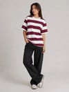 Çizgili Oversize Tişört Bisiklet Yaka Kısa Kol Yazlık T-shirt - Bordo