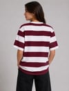 Çizgili Oversize Tişört Bisiklet Yaka Kısa Kol Yazlık T-shirt - Bordo