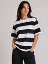 Çizgili Oversize Tişört Bisiklet Yaka Kısa Kol Yazlık T-shirt - Siyah