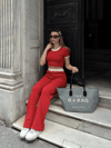 Crop Pantolon Biyeli Takım Kırmızı