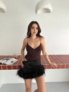 Derin Dekolte Askılı Body Sırt Dekolteli Şık Kolsuz Yazlık Bodysuit - Kahverengi