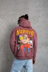 Erkek 3 İplik Pamuklu Kapüşonlu Baskılı Cepli Oversize Sweatshirt Hoodie - Gül Kurusu