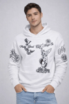 Erkek 3 İplik Pamuklu Kapüşonlu Baskılı Sweatshirt Hoodie - Beyaz