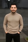 Erkek Balıkcı Yaka Bağazlı Triko Kazak Pamuklu Kalın Fitilli Dokuma, Regular Fit Uzun Kollu Kışlık Model - Bej
