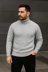 Erkek Balıkcı Yaka Bağazlı Triko Kazak Pamuklu Kalın Fitilli Dokuma, Regular Fit Uzun Kollu Kışlık Model - Gri