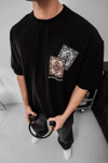 Erkek Baskılı Oversize T-shirt - Siyah