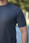 Erkek Bisiklet Yaka Örgü Desenli Kısa Örme Triko Kısa Kollu T-shirt