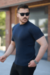Erkek Bisiklet Yaka Örgü Desenli Kısa Örme Triko Kısa Kollu T-shirt