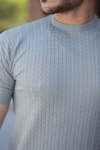 Erkek Bisiklet Yaka Örgü Desenli Kısa Örme Triko Kısa Kollu T-shirt