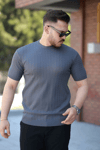 Erkek Bisiklet Yaka Örgü Desenli Kısa Örme Triko Kısa Kollu T-shirt