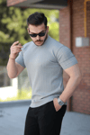 Erkek Bisiklet Yaka Örgü Desenli Kısa Örme Triko Kısa Kollu T-shirt