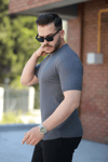Erkek Bisiklet Yaka Örgü Desenli Kısa Örme Triko Kısa Kollu T-shirt