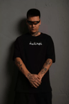 Erkek Bisiklet Yakalı Sırt Baskılı Oversize T-shirt - Siyah