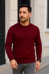 Erkek Bisiklet Yuvarlak Yaka Triko Kazak Pamuklu Kalın Fitilli Dokuma, Regular Fit Uzun Kollu Kışlık Model - Bordo