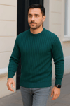Erkek Bisiklet Yuvarlak Yaka Triko Kazak Pamuklu Kalın Fitilli Dokuma, Regular Fit Uzun Kollu Kışlık Model - Haki