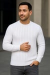 Erkek Bisiklet Yuvarlak Yaka Triko Kazak Pamuklu Kalın Fitilli Dokuma, Regular Fit Uzun Kollu Kışlık Model - Beyaz