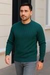 Erkek Bisiklet Yuvarlak Yaka Triko Kazak Pamuklu Kalın Fitilli Dokuma, Regular Fit Uzun Kollu Kışlık Model - Haki