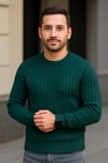 Erkek Bisiklet Yuvarlak Yaka Triko Kazak Pamuklu Kalın Fitilli Dokuma, Regular Fit Uzun Kollu Kışlık Model - Haki