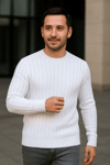 Erkek Bisiklet Yuvarlak Yaka Triko Kazak Pamuklu Kalın Fitilli Dokuma, Regular Fit Uzun Kollu Kışlık Model - Beyaz