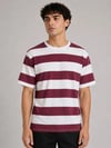 Erkek Çizgili Oversize Tişört Bisiklet Yaka Kısa Kol Yazlık T-shirt - Bordo