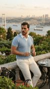 Erkek Desenli Kısa Kollu Triko Tişört - %100 Pamuk Akrilik