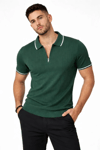 Erkek Fermuarlı Yaka Fitilli Triko Kısa Kollu Regular Fit Tişört T-shirt - Yeşil