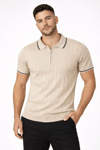 Erkek Fermuarlı Yaka Fitilli Triko Kısa Kollu Regular Fit Tişört T-shirt - Bej