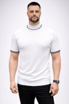 Erkek Fitilli Triko Dokuma Kısa Kol Tişört Yarım Boğaz Modern Yazlık T-shirt - Beyaz