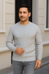 Erkek Fitilli Triko Kazak 2’li Set – Siyah - Gri, Kalın Dokuma Pamuklu Regular Fit Bisiklet Yaka Uzun Kollu Rahat Kışlık Kazak Kombini