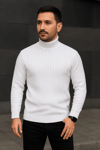 Erkek Fitilli Triko Kazak 2li Set Beyaz Siyah Regular Balıkcı Yaka Tam Boğazlı Triko Seti Modeli Kazak