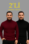 Erkek Fitilli Triko Kazak 2li Set Bordo Siyah Regular Balıkcı Yaka Tam Boğazlı Triko Seti Modeli Kazak