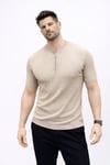 Erkek Kısa Kol Fitilli Triko T-shirt Yazlık Hakim Yaka Tişört - Bej