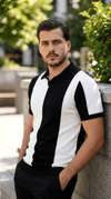 Erkek Kısa Kollu Polo Yakalı Blok Desenli Triko Bluz