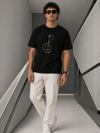 Erkek Minimal Gitar Baskılı Tişört T-shirt Yazlık Kısa Kol Bisiklet Yaka T-shirt - Siyah