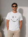 Erkek Minimal Gülümseyen Yüz Baskılı Tişört Kısa Kol Yazlık T-shirt - Beyaz