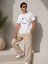 Erkek Minimal Gülümseyen Yüz Baskılı Tişört Kısa Kol Yazlık T-shirt - Beyaz