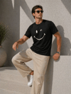 Erkek Minimal Gülümseyen Yüz Baskılı Tişört Kısa Kol Yazlık T-shirt - Siyah