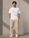 Erkek Minimal Kedi Çizim Baskılı Tişört Kısa Kol Yazlık T-shirt - Beyaz