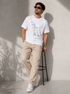 Erkek Minimal Kedi Çizim Baskılı Tişört Kısa Kol Yazlık T-shirt - Beyaz