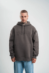 Erkek Nakış İşlemeli Kapşonlu Antrasit Sweatshirt Üç İplik Double Oversize- Füme